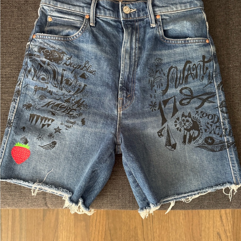 Graphic Denim Shorts with Strawberry Patch